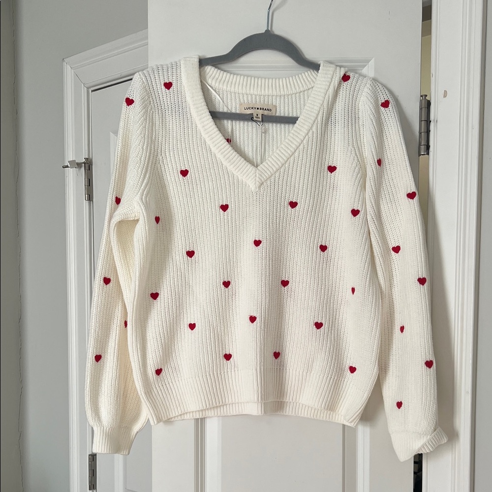 Lucky Brand White V-Neck Sweater with Embroidered Red Hearts
